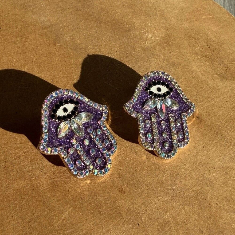 Luxury Statement Mediterranean Hamsa Evil Eye Stud Earrings Purple Crystal